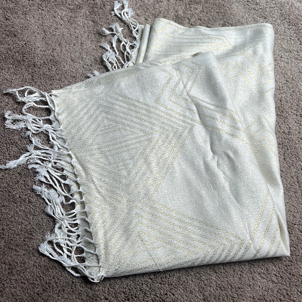 Cream & Gold Wrap Shawl, Scarf with Fringe Tassels
